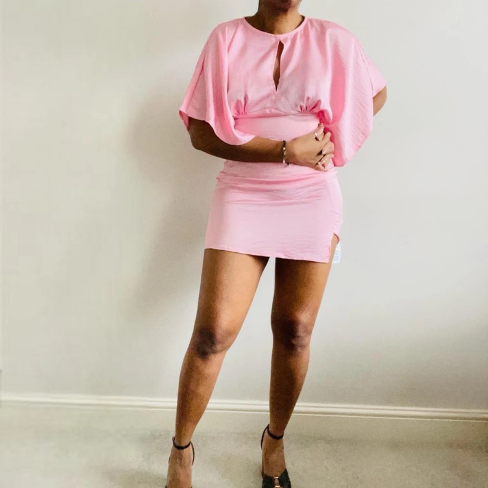 Asos light pink satin angel sleeve mini dress